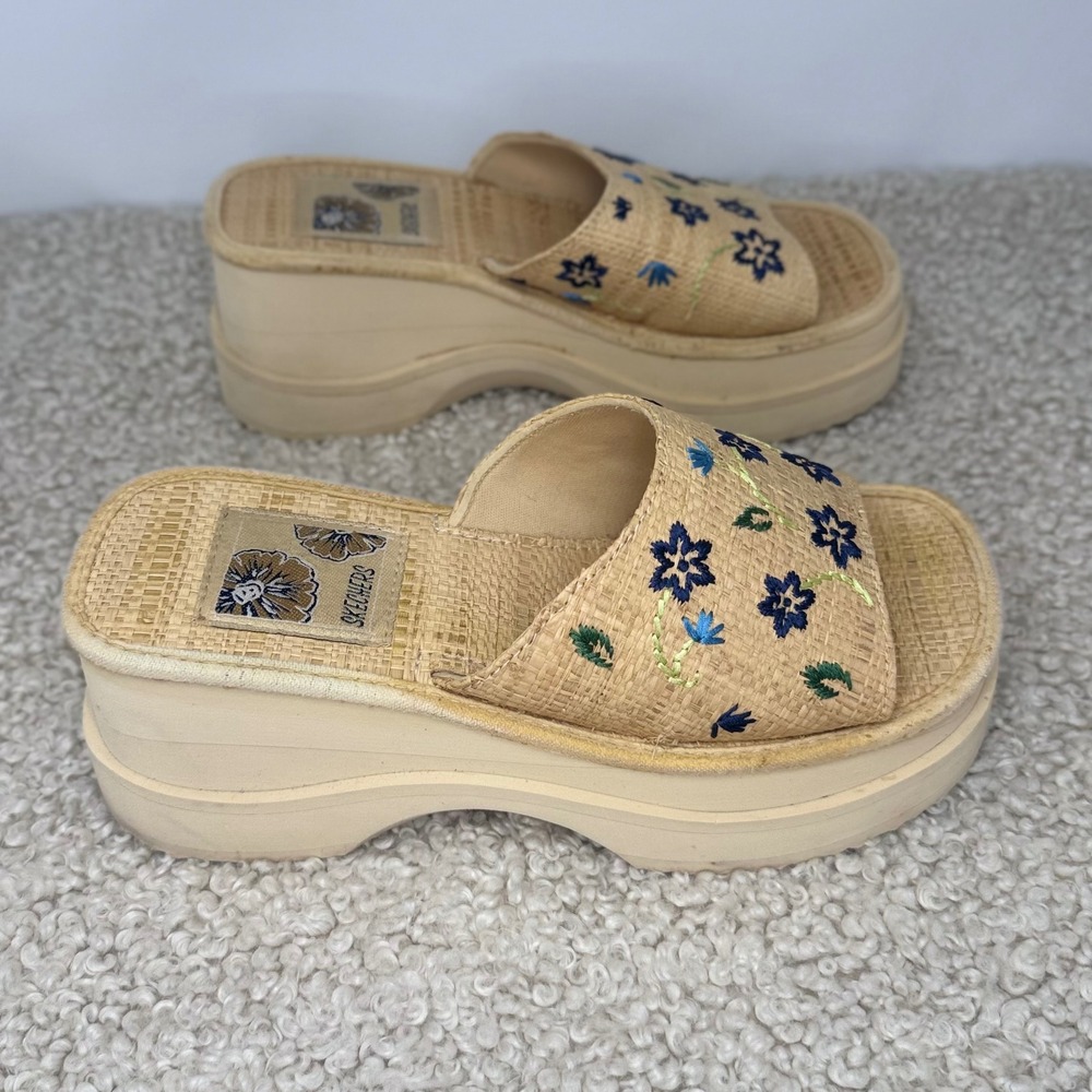Skechers Vintage 90s Raffia Floral Embroidered Platform Wedge Slide Sandals 7 - Picture 3 of 6